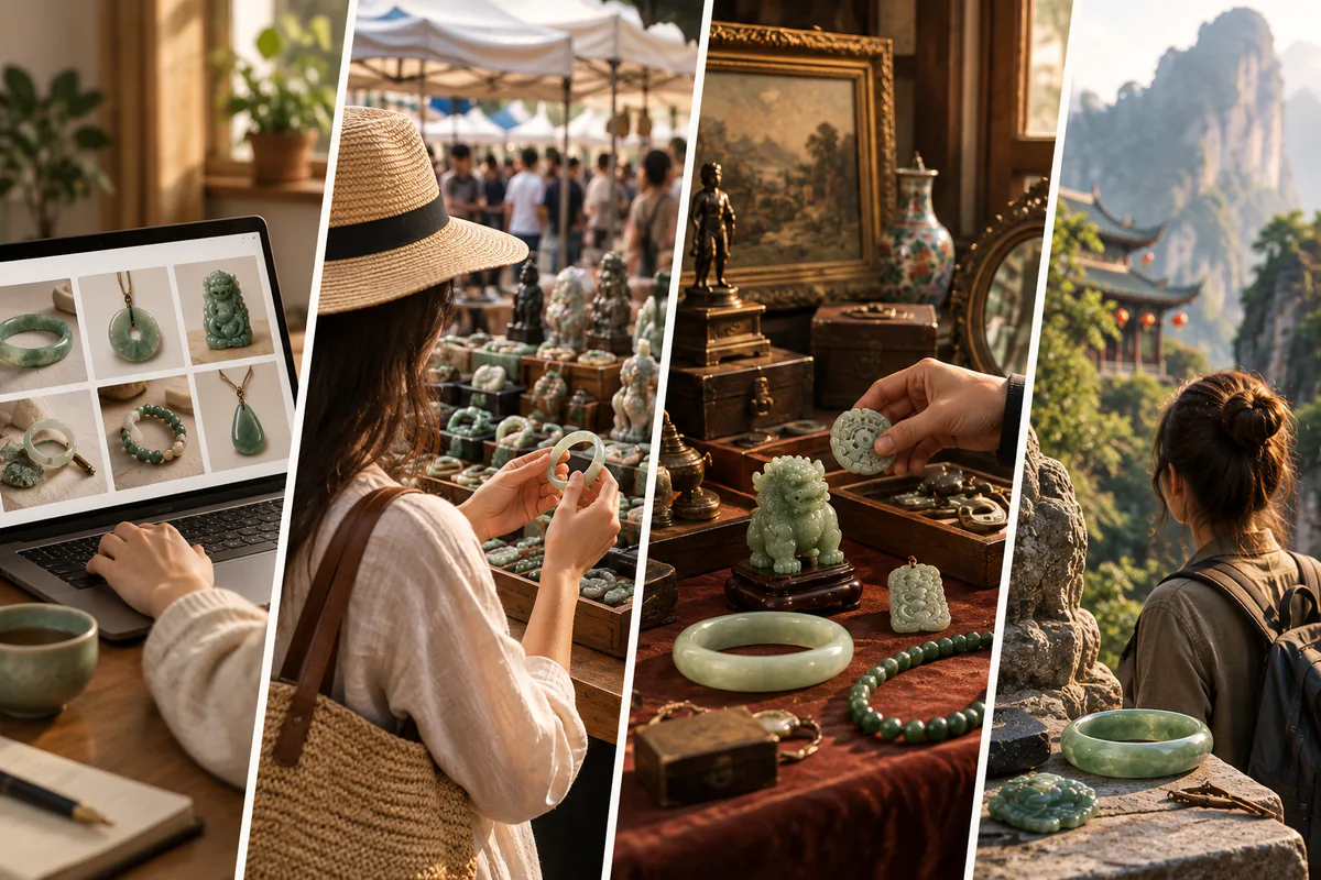 Section sur les canaux d’achat, place de marché, boutique, brocante, voyage