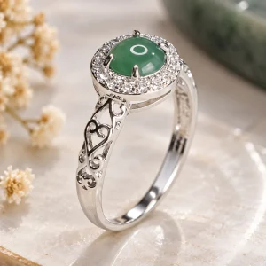 Bague en jade femme, anneau fin en argent 925