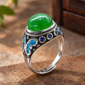 Bague jade et argent 925, jonc serti clos