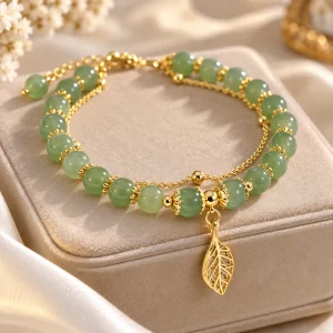 Bracelet jade et or, perles de jadéite verte