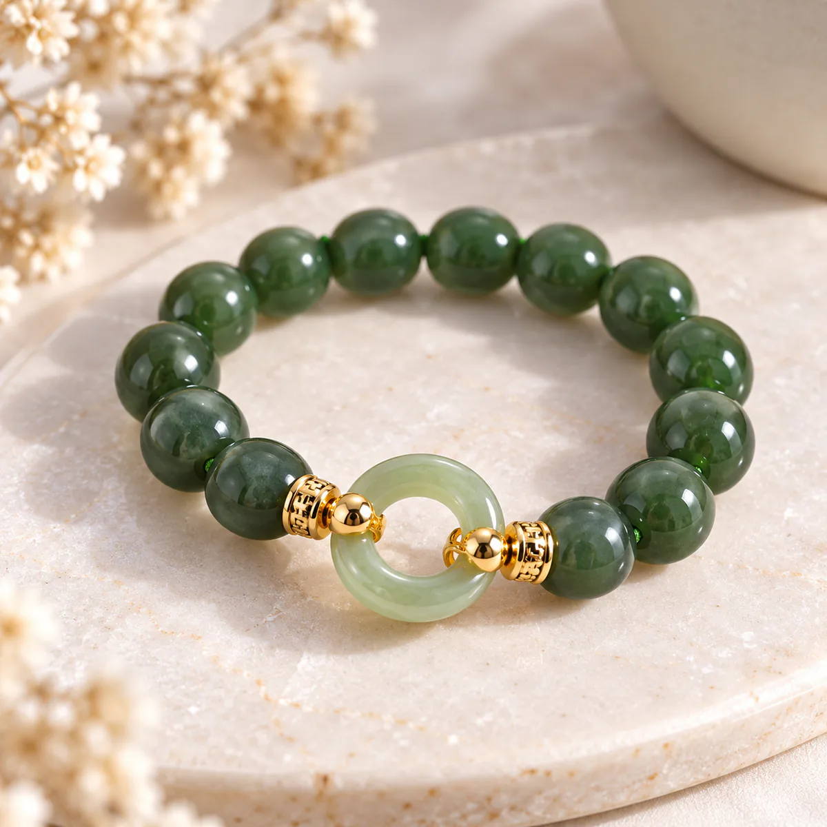 Bracelet jade homme en néphrite vert sombre