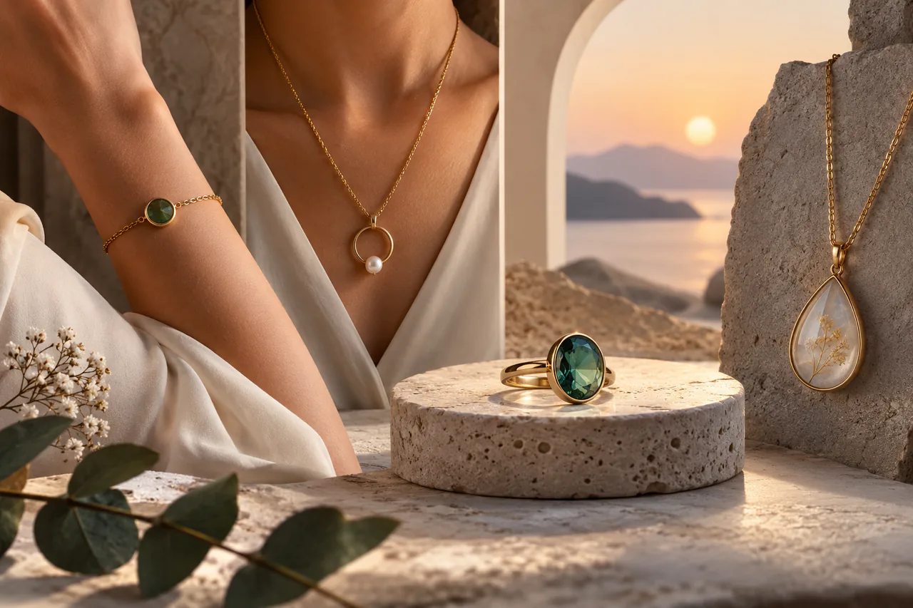 Vue comparant bracelet, collier, bague et pendentif