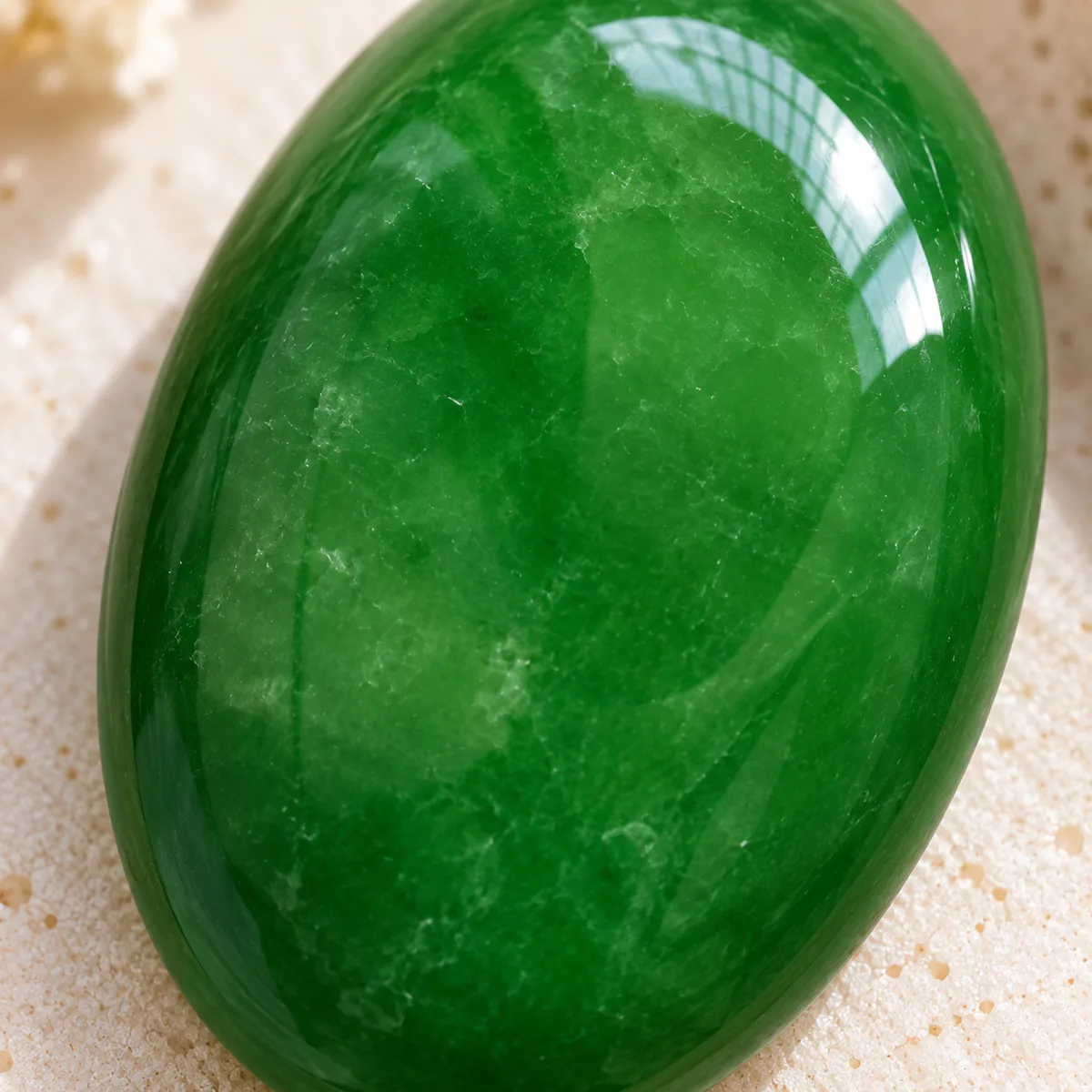 Cabochon de jade non monté, jadéite verte, gros plan sur le grain et la translucidite de la pierre