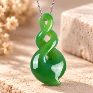 Collier jade et argent, torsade de jade vert