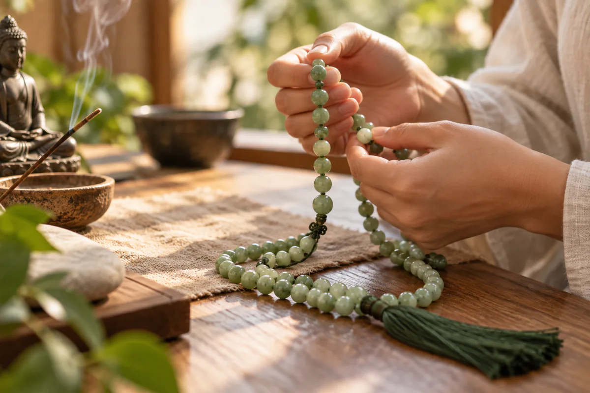 Vue d’ouverture : le mala en jade et son rang de grains