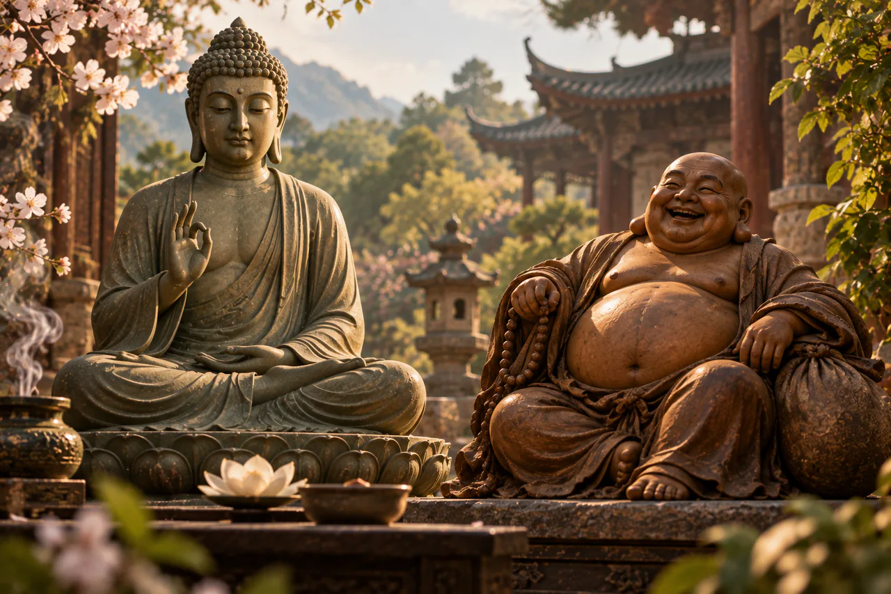 Vue distinguant le Bouddha historique de la figure rieuse