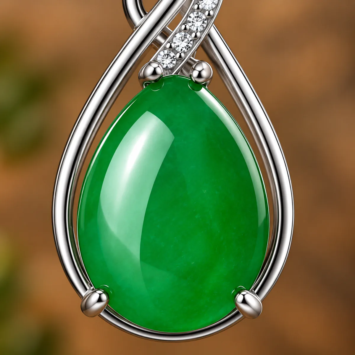 Pendentif jade et argent 925, goutte de jadéite, gros plan sur le grain et la translucidite de la pierre