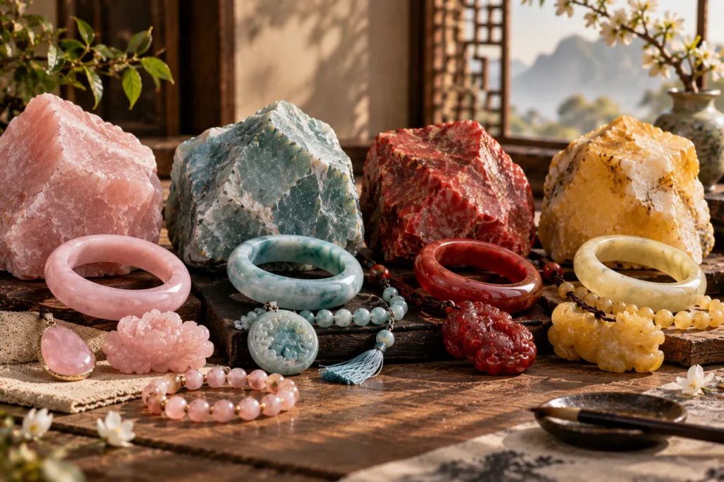 En-tête de l’article sur le jade rose, bleu, rouge et jaune