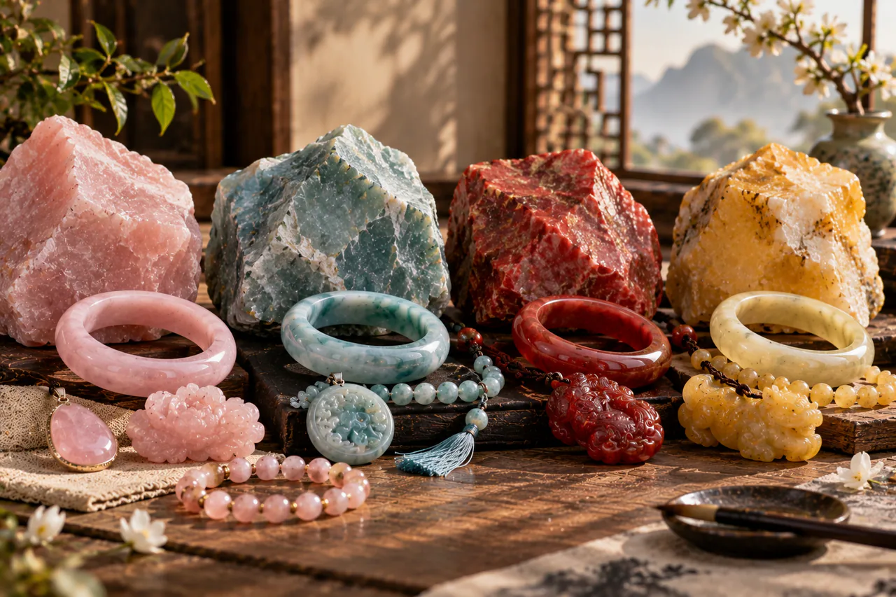 En-tête de l’article sur le jade rose, bleu, rouge et jaune
