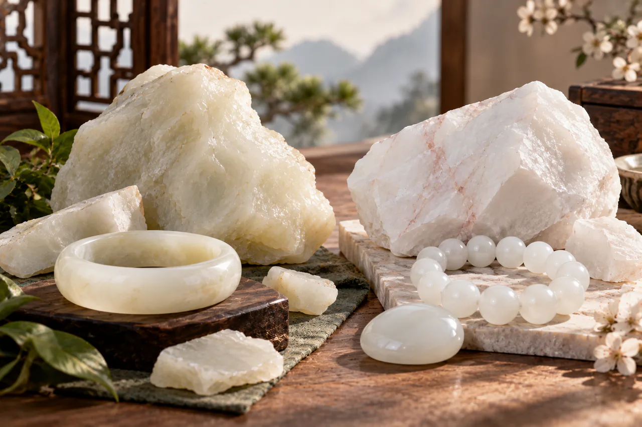 Bandeau d’ouverture : le jade blanc, néphrite mouton ou quartzite teint