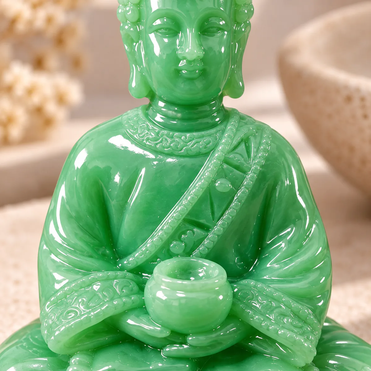 Statuette en jade, sujet sculpté en néphrite, gros plan sur le grain et la translucidite de la pierre