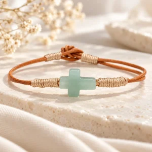 Bracelet cordon cuir et croix en jade