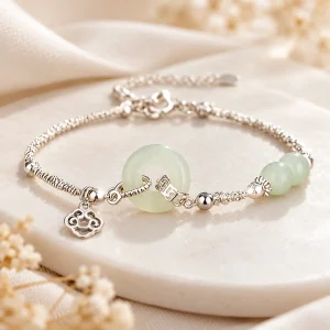 Bracelet de jade et argent 925, disque blanc