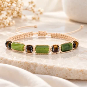 Bracelet macramé beige, tubes de jade et oeil-de-tigre