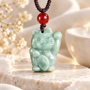 Pendentif chat porte-bonheur en jade