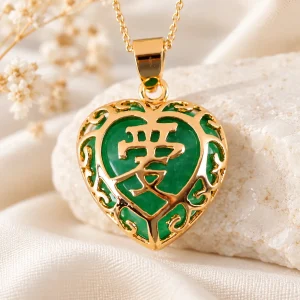 Pendentif coeur en jade, monture dorée ajourée