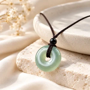 Pendentif en jade vert pâle, disque sur cordon