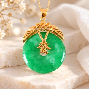 Pendentif médaillon en jade, ailes dorées