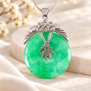 Pendentif phénix en jade, ailes argentées